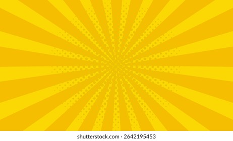 Bright yellow pop art background with comic rays and halftone dots. Sunburst radial lines for sale, retro design, comic book style, explosion, vintage energy theme, or summer banner template.