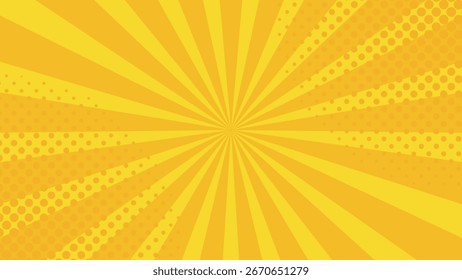 Fondo cómico de arte pop amarillo brillante con rayos de sol y puntos de medio tono, diseño de Vector de estilo retro para Anuncio, póster, Fondo de pantalla, Plantilla, dibujos animados vintage, energía dinámica y patrón abstracto.