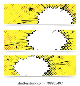 Bright yellow pop art explosion emotion cloud cards collection. Comic book style fashion flyer retro grain dotted texture set. Vector illustration