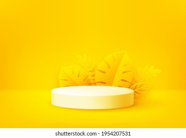 Bright yellow product podium surrounded by paper cut tropical palm leaves on a yellow backdrop. Background design for advertising leaflet, banner, flyer. Vector illustration EPS10