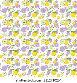 Bright yellow and purple apples seamless pattern on a white background. Cute print for kitchen textiles.