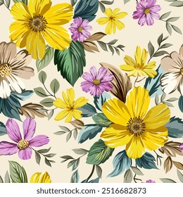 Bright yellow and purple flowers. Hand drawn. Beautiful seamless pattern on a romantic light background. Designed for fabric, fashion, textiles, wallpaper, gift wrap.