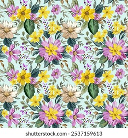 Bright yellow and purple flowers. Hand drawn. Beautiful seamless pattern on a romantic light background. Designed for fabric, fashion, textiles, wallpaper, gift wrap.