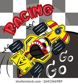 Bright yellow racing car print t-shirt, top view isolated on background, vector checkered flag pattern.