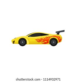 Bright yellow racing car with spoiler, tinted windows. Fast sports automobile with tongue of flame. Flat vector for mobile game
