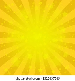 Bright yellow rays background, lot of stars. Vivid wallpaper. Celebration backdrop template. Comics, pop art style. 