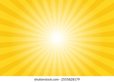 Bright yellow rays background with sunburst and warm glowing light, vector illustration featuring beams and sunny abstract design.