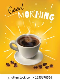 Bright yellow and realistic coffee composition with white cup of coffee and good morning headline vector illustration