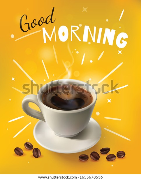 Bright yellow and realistic coffee composition with white cup of coffee and good morning headline vector illustration