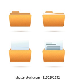 Bright yellow realistic folder icons with documents on white