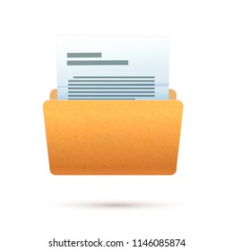 Bright yellow realistic open folder with text document, icon isolated on white