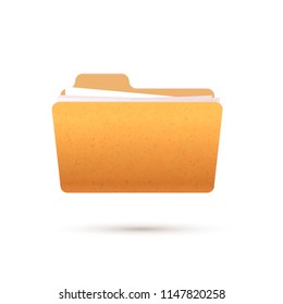 Bright yellow realistic open folder with documents, icon isolated on white