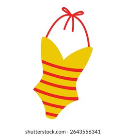 Bright yellow and red striped swimsuit design with playful straps for summer fun at the beach