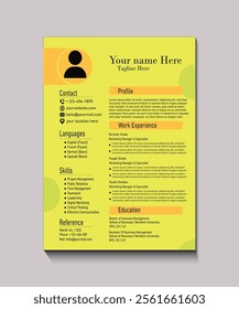 A bright yellow resume template with organized sections for profile, work experience, skills, and education. Perfect for creative professionals.