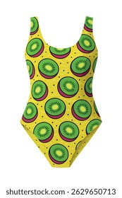 Bright yellow retro kiwi print swimsuit in pop art style. Vector illustration isolated on white background.
