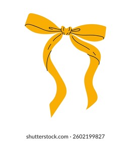 Bright yellow ribbon with a knot and flowing tails suitable for various decoration purposes