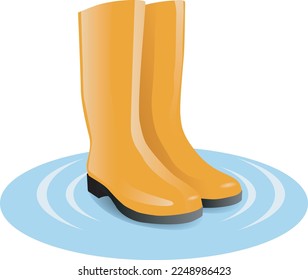 Bright yellow rubber boots in a puddle on a white background, eps 10