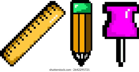 Bright yellow ruler classic pencil and pink push pin icon set designed in pixel art style for office and school usage. Concept of gamified productivity app iconography, elements in mobile games