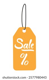 Bright yellow sale tag displaying discount percentage in a retail setting