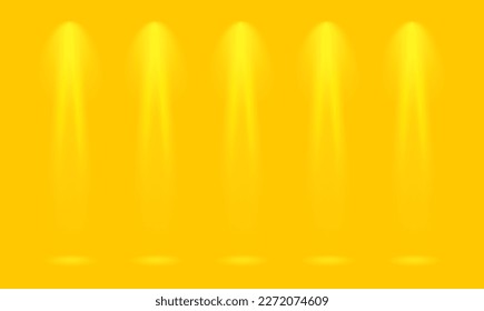 Bright yellow scene with five soft spotlights. Vector illustration with illumination effects from soft lamp rays