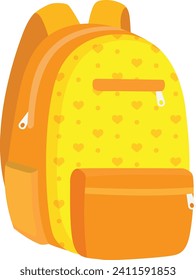 Bright yellow school backpack with orange accents and heart pattern. Cute accessory for kids education and travel vector illustration.