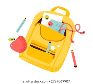 Bright yellow school backpack with pencils, notebook, headphones, and apple, perfect for education, back to school, and study themes.