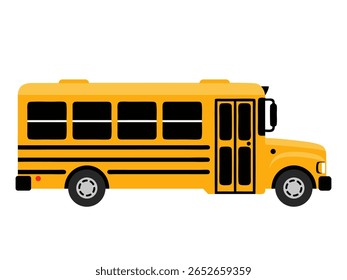 A bright yellow school bus with black windows and doors is depicted in a flat, stylized illustration. The bus is shown from the side against a clean white background.