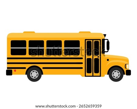 A bright yellow school bus with black windows and doors is depicted in a flat, stylized illustration. The bus is shown from the side against a clean white background.