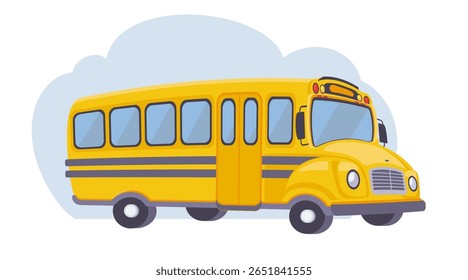 Bright yellow school bus with blue stripes and a light cloud shape behind.  Vector illustration isolated on a white. School transportation, perfect for educational and children's content.