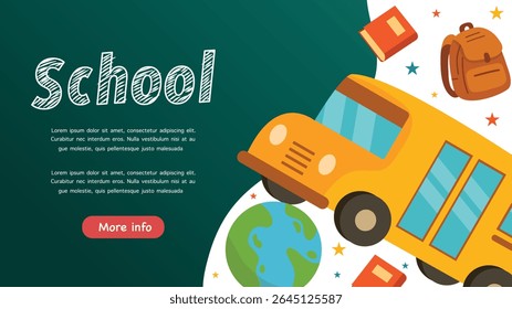 Bright yellow school bus with educational tools and globe on dark green layout for school