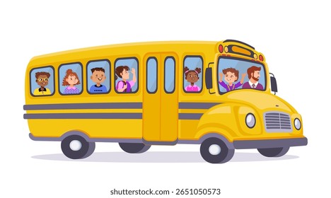 Bright yellow school bus with happy, diverse children and an adult driver waving from windows. Perfect for educational, back to school, and childhood concepts. Cartoon illustration.