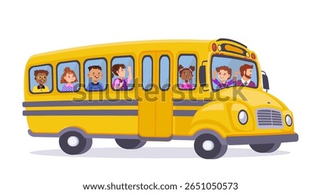 Bright yellow school bus with happy, diverse children and an adult driver waving from windows. Perfect for educational, back to school, and childhood concepts. Cartoon illustration.