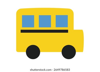 Bright yellow school bus icon with black wheels and blue windows on white background. Clipart image isolated on background.