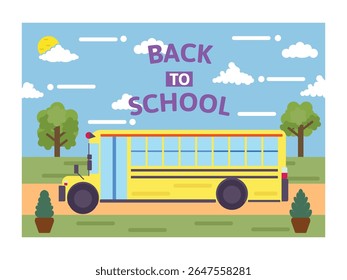 Bright Yellow School Bus Illustration – Fun Back to School Landscape Poster for Kids