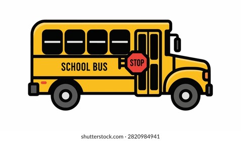 A bright yellow school bus with a stop sign extended and safety lights on the roof