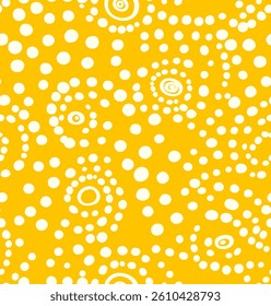 Bright yellow seamless background adorned with white spirals and dots creates a vibrant and cheerful atmosphere suitable for various design projects aimed at kids or joyful themes