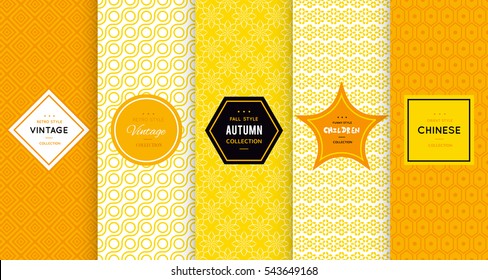 Bright yellow seamless pattern background. Vector illustration for elegant design. Abstract geometric frame. Stylish decorative label set. Pale light color. Monochrome geometric ornament