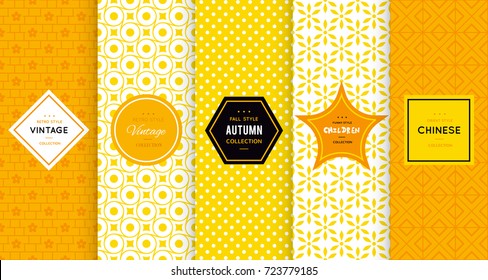 Bright yellow seamless pattern background. Vector illustration for elegant design. Abstract geometric frame. Stylish decorative label set. Pale light color. Monochrome geometric ornament