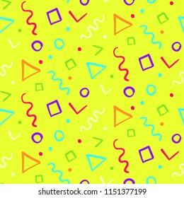 Bright yellow seamless pattern with color shapes. Abstract colorful trendy vector texture with hand drawn shapes for textile, wrapping paper, cover, surface, background, wallpaper