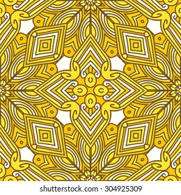 Bright yellow seamless pattern with flowers, curls and lines