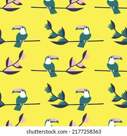 Bright yellow seamless pattern with toucan birds and heliconia flowers vector