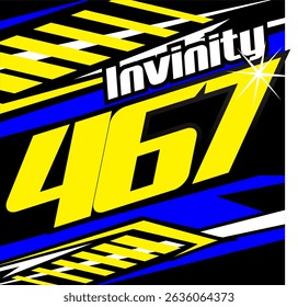 Bright yellow simple 467 number vector and white INVINITY text, 3d racing sticker concept, colorful abstract background.