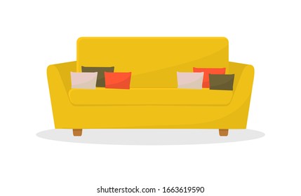 Helles gelbes Sofa mit kleinen Kissen. Komfortables Sofa. Wohnmöbel. Weicher Sitz. Farbige flache Vektorillustration, einzeln auf weißem Hintergrund.