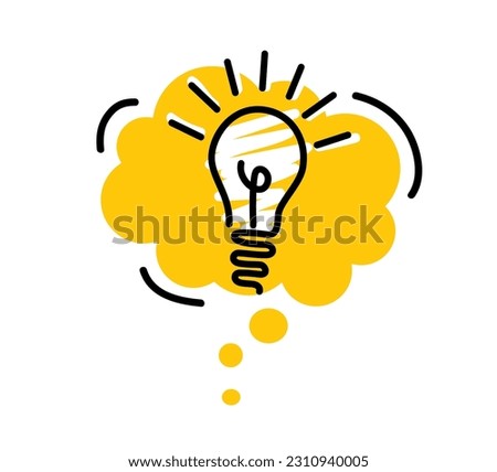 Bright yellow speech bubbles with icons light bulb. Concept ideas or insight. Isolated on white background. Hand drawn doodle. Vector illustration.