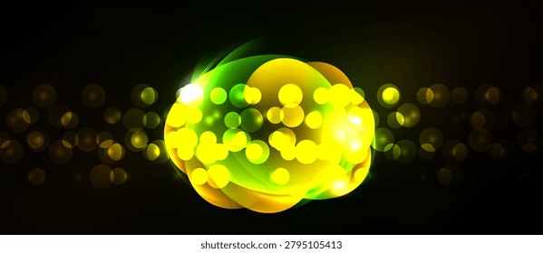 Bright yellow sphere glows against dark background. Numerous small lights surround central form, creating dynamic visual effect.