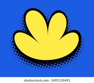 A bright yellow splash design with pop art flair, outlined in black and set against a deep blue background, featuring halftone shading for a dynamic visual statement.
