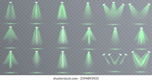 Bright yellow spotlight effects with realistic light beams and illuminated stage lighting. A professional vector illustration featuring concert lighting, focused rays, and studio spotlights