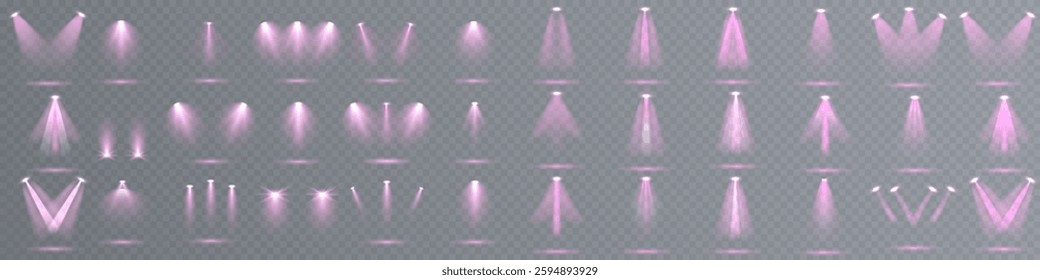 Bright yellow spotlight effects with realistic light beams and illuminated stage lighting. A professional vector illustration featuring concert lighting, focused rays, and studio spotlights