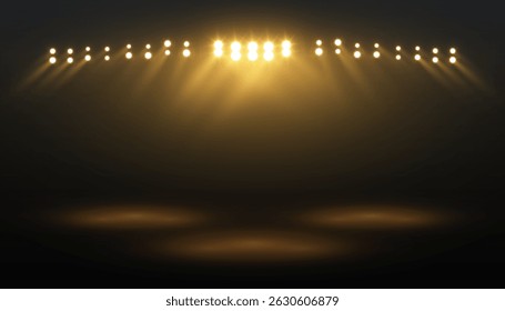 Luzes amarelas brilhantes brilham no fundo escuro. Ilustração vetorial de holofotes para palcos de concerto e teatro, banners de entretenimento e conceitos de design de holofotes.