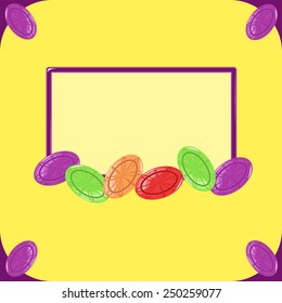 Bright yellow square frame with space for text with colorful candy, vector illustration